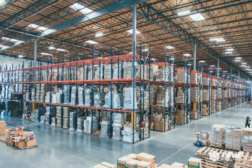Rows of industrial pallet racks loaded with pallets in a Philadelphia warehouse